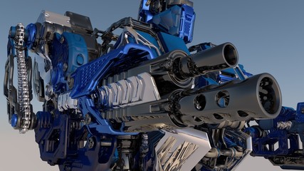 Heavy armed. Sci-fi mech soldier on a Gradient background. Military futuristic robot warrior with Blue and Black color metal. Scratched metal armor robot. 3Drendering.