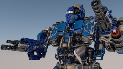 Heavy armed. Sci-fi mech soldier on a Gradient background. Military futuristic robot warrior with Blue and Black color metal. Scratched metal armor robot. 3Drendering.