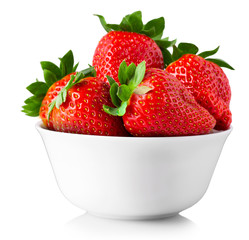 The red fresh strawberry in a bowl isolated on white background