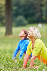 Zwei Senior Frauen machen Wellness Yoga
