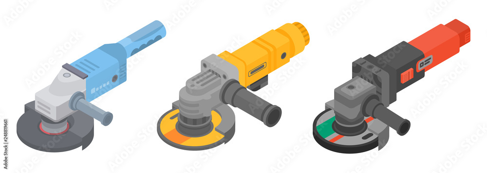Poster angle grinder icons set. isometric set of angle grinder vector icons for web design isolated on whit