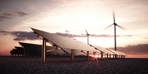 Modern and futuristic aesthetic black solar panels of large photovoltaic power station with wind turbines in background in warm sunset light. 3d rendering.