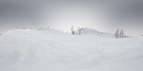 vr 360 camera above the snow rocky mountains ridges in a cold polar region