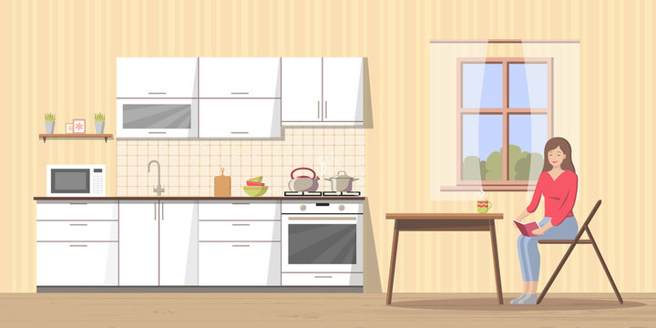 Young woman sitting at a table reading a book and drinking coffee in the kitchen. Kitchen with window, white furniture and different utensils. Flat cartoon vector illustration, with girl character.