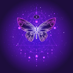 Vector illustration with hand drawn butterfly and Sacred geometric symbol against night starry sky. Abstract mystic sign.