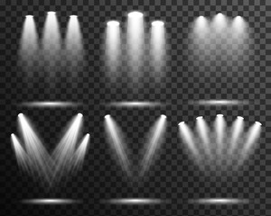 Spotlight illuminated scene set collection, stage, podium light effect vector transparent
