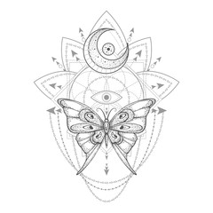 Vector illustration with hand drawn butterfly and Sacred geometric symbol on white background. Abstract mystic sign. Black linear shape.