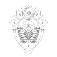 Vector illustration with hand drawn butterfly and Sacred geometric symbol on white background. Abstract mystic sign. Black linear shape.