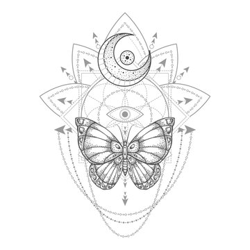 Vector illustration with hand drawn butterfly and Sacred geometric symbol on white background. Abstract mystic sign. Black linear shape.