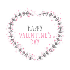 Fototapeta na wymiar Vector hand drawn illustration of text HAPPY VALENTINE'S DAY and floral frame in the shape of a heart on white background. 