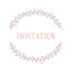 Vector hand drawn illustration of text INVITATION and floral round frame on white background. Colorful.