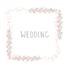 Vector hand drawn illustration of text WEDDING and floral rectangle frame on white background. 