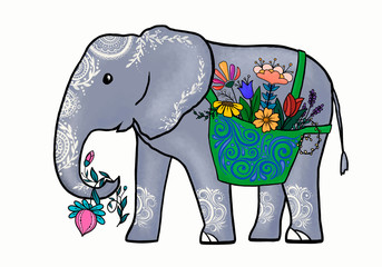 elephant with a bag picking flowers with his trunk