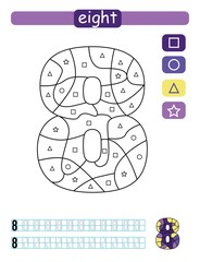 Coloring printable worksheet for kindergarten and preschool. Learning numbers and simple shapes. 
