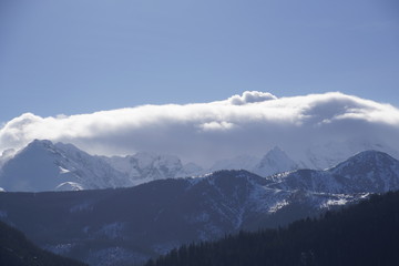 Mountain landscape. View of the Tatras in Zakopane. February winter sunny day