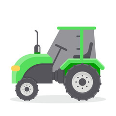 Vector flat illustration of tractors. Agricultural machinery. Cab green tractor. 