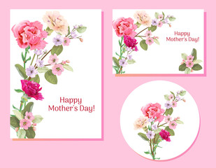 Set of templates for Mother's Day (vertical, horizontal, round): carnation, spring blossom: red, pink, white flowers, leaves, white background, vintage botanical illustration, watercolor style, vector