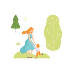 Mother and Her Son Having Fun in Summer Park, Young Woman and Boy Relaxing and Enjoying Nature Outdoors Vector Illustration