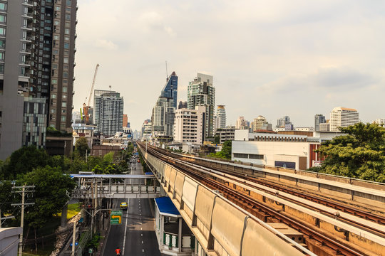 Bangkok Mass Transit System (BTS) public skytrain at the Thong Lor BTS station , Bangkok, Thailand