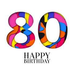 Number 80 Happy Birthday colorful paper cut out design