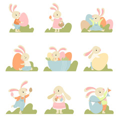 Collection of Cute Bunnies Dressed in Sweet Clothes with Colorful Eggs, Happy Easter, Design Element for Greeting Card, Invitation, Poster, Banner Vector Illustration