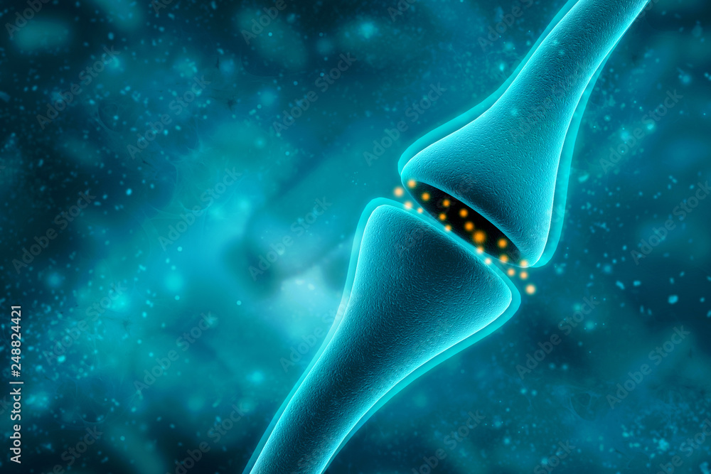 Poster synapse and neuron cells sending electrical chemical signals. 3d rendering