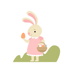 Lovely Bunny in Pink Dress with Basket Full of Decorated Eggs, Happy Easter, Design Element for Greeting Card, Invitation, Poster, Banner Vector Illustration