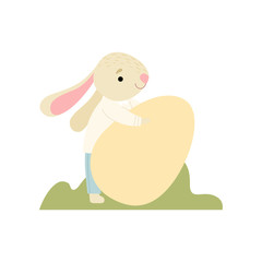 Happy Cute Bunny Carrying Big Egg, Happy Easter, Design Element for Greeting Card, Invitation, Poster, Banner Vector Illustration