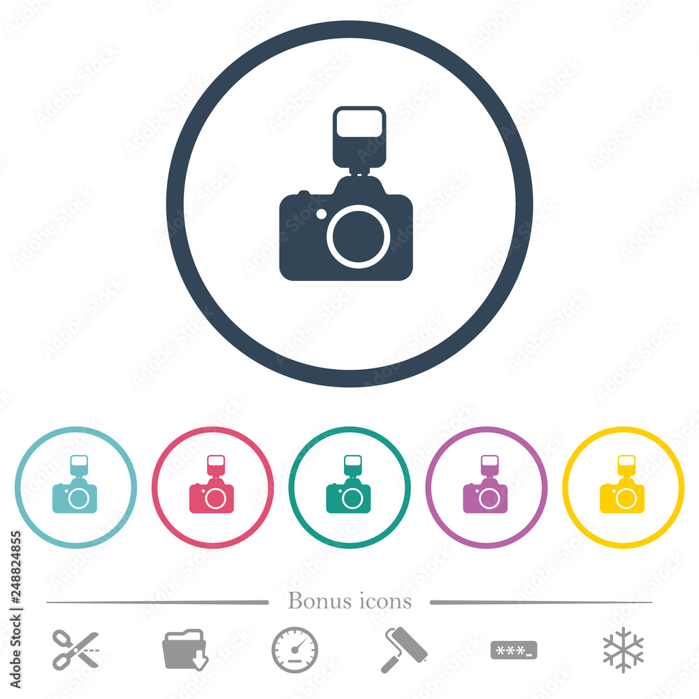 Poster camera with flash flat color icons in round outlines