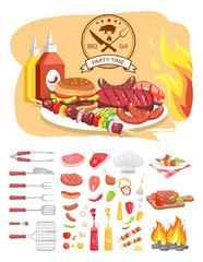 BBQ grill party time poster with text. Hamburger and roasted meat, vegetables and utensils, flatware isolated icons vector. Sauces and served dishes