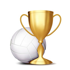 Volleyball Award Vector. Volleyball Ball, Golden Cup. For Sport Promotion. Tournament, Championship Flyer Design. Volleyball Club, Academy. Invitation Element Illustration