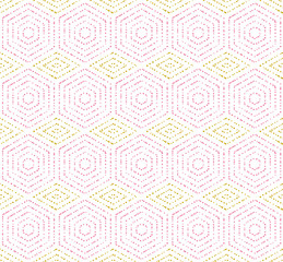 Geometric repeating vector ornament with hexagonal dotted pink and golden elements. Geometric modern ornament. Seamless abstract modern pattern