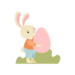 Cute Bunny in Clothes Holding Pink Egg, Happy Easter, Design Element for Greeting Card, Invitation, Poster, Banner Vector Illustration