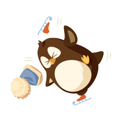 Falling animal in cap with furry big ball skating. Penguin on skates outdoor in warm blue hat. Winter activity and bird failure isolated on white vector