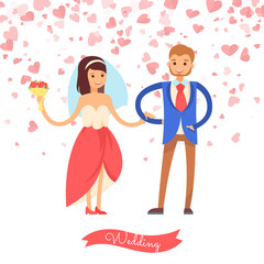 Bride with flowers holding groom vector. Wedding of woman in colorful dress and veil and man in suit. Married day of couple, postcard decorated by hearts
