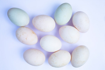 Ten duck eggs on white background