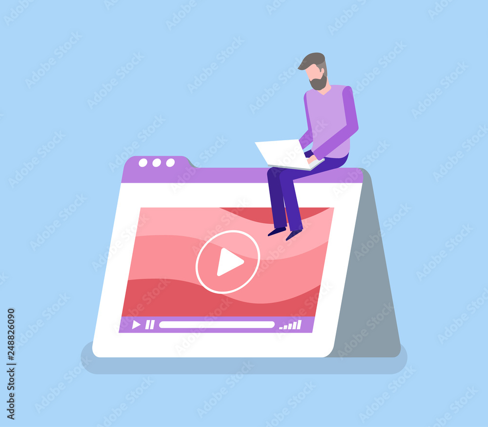 Poster man working with laptop, interface of video player, button play and turntable. multimedia template w