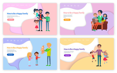 Fototapeta premium How to be happy family vector, father reading fairy tales vector. Man with kids playing games, daddy giving puppy to children, son and daughter website