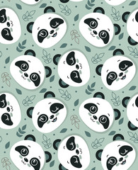 Vector seamless pattern with cute panda faces and leaves