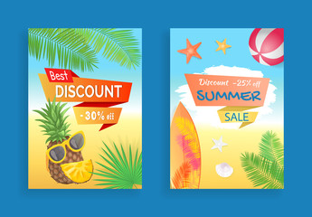 Best discount summer sale banners set. Pineapple and sunglasses, leaves of tropical trees and plants. Surfing board on seashore beach and ball vector