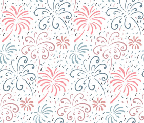 Fototapeta na wymiar Seamless pattern with hand drawn fireworks. Colorful holiday vector endless background