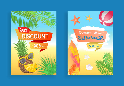 Best discount summer sale banners set. Pineapple and sunglasses, leaves of tropical trees and plants. Surfing board on seashore beach and ball vector