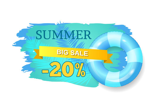 Summer big sale, summertime proposition for clients of shop. Lifebuoy and tropical trees leaves. Stripe with text and promotion, clearance vector