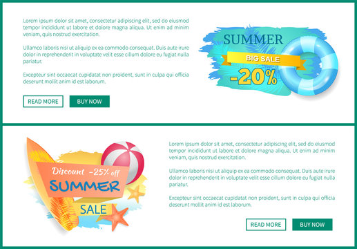 Summer big sale discounts, posters set with text sample. Lifebuoy and surfing board ball for volleyball. Promotion and seasonal propositions vector