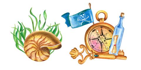 Two watercolor undersea composition in retro style. Underwater kit with seashell nautilus and seaweed and pirate kit with Jolly Roger, compass, old key and bottle with treasure map 