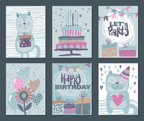 Obraz premium Set of three Happy Birthday Party cards. Vector hand drawn illustration