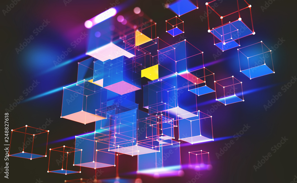 Poster Neon light. Blockchain technology. Information block in the volumetric composition. Glowing edges on a dark background. Full-color 3D illustration of an array of cubes and a polygonal mesh.
