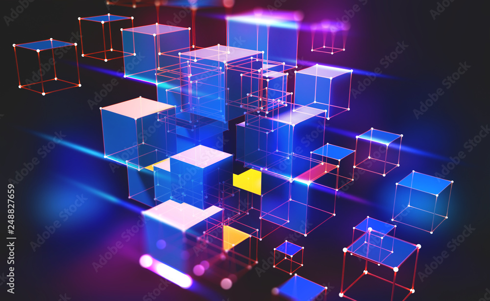 Fototapete Neon light. Blockchain technology. Information block in the volumetric composition. Glowing edges on a dark background. Full-color 3D illustration of an array of cubes and a polygonal mesh.
