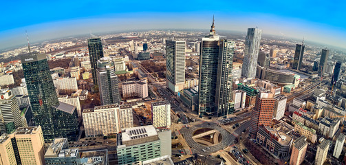 Plakat Beautiful panoramic aerial drone view to panorama cityscape of Warsaw modern City, PKiN and 