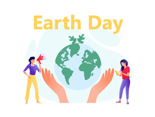 Hands hold planet with little people - save the planet, Earth Day, save energy concept. Flat concept vector illustration for web, landing page, banner, presentation, flyer, poster.